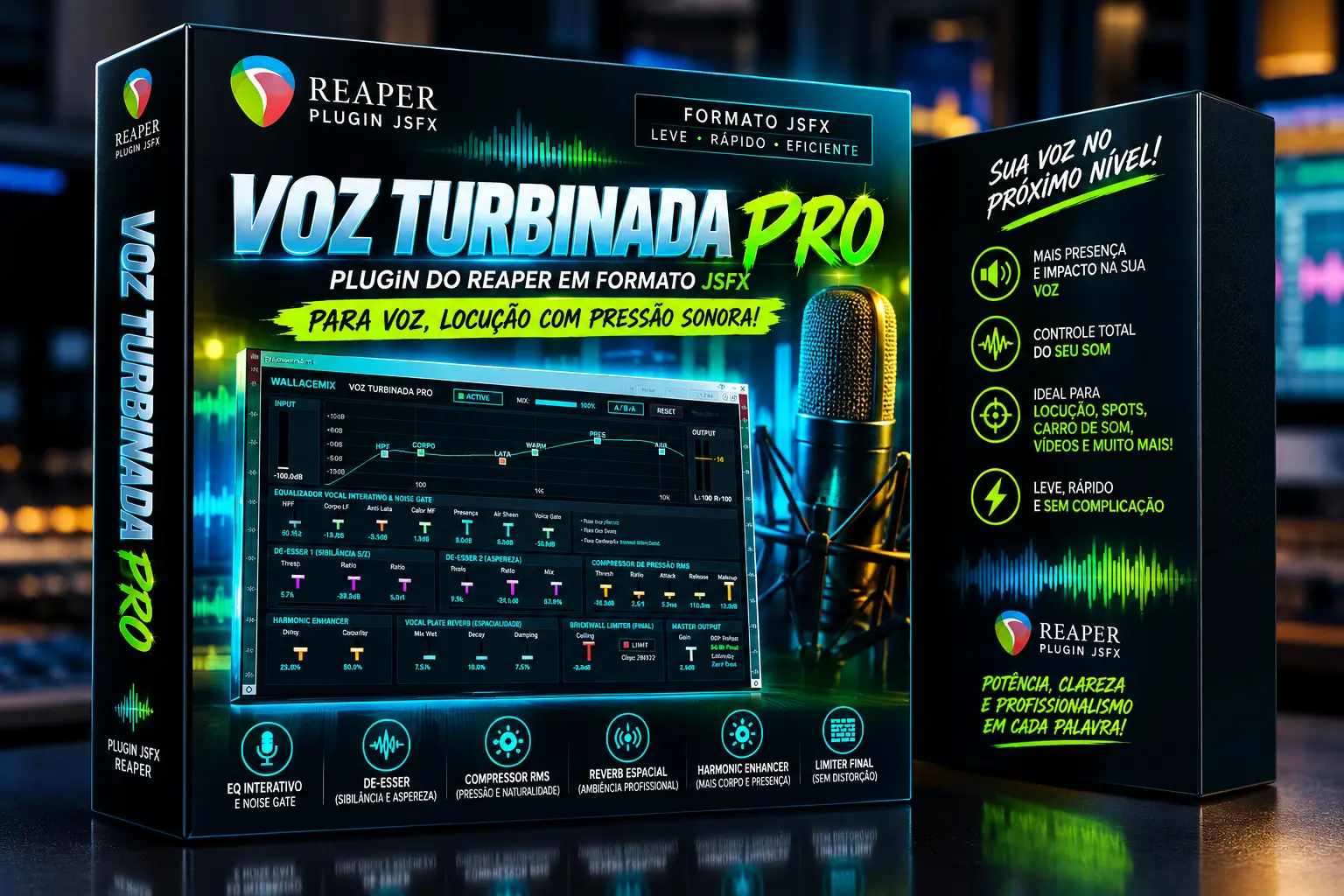 Interface visual do Voz Turbinada Pro com canais de voz e medidores de áudio